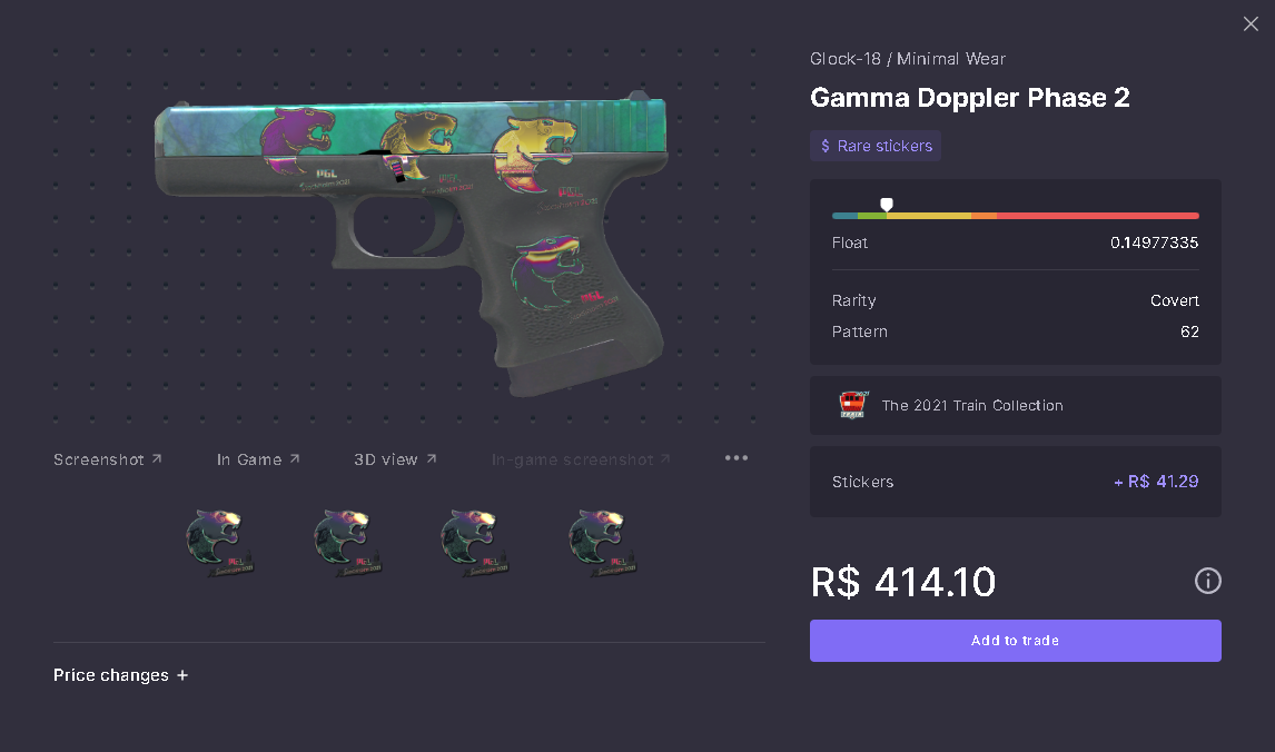 Glock-18 – Minimal Wear – Gamma Doppler Phase 2 Adesivada